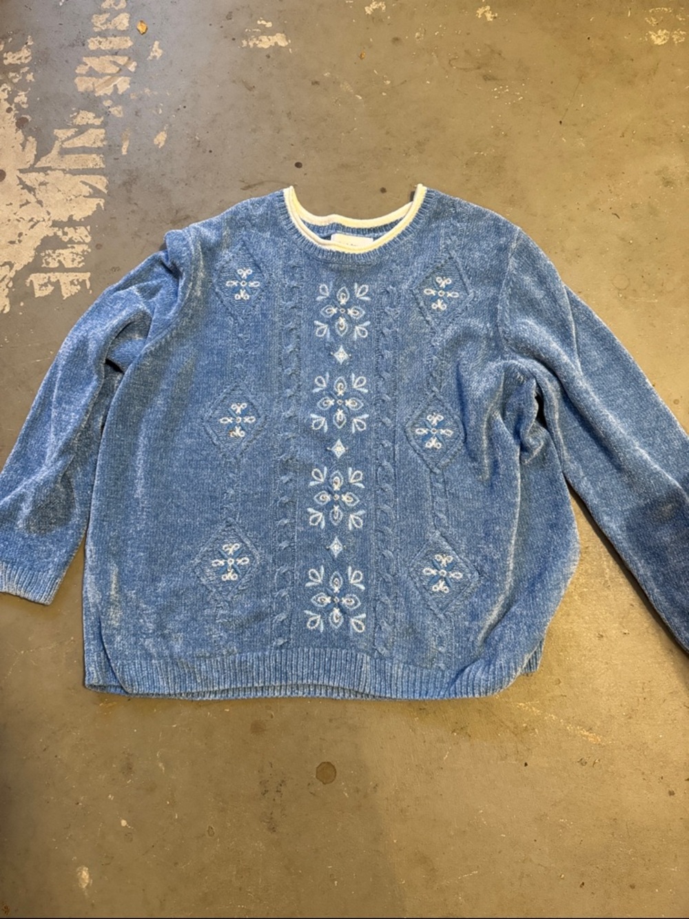 Alfred Dunner Light Blue Crewneck Sweater with White Trim and Embroidered Front